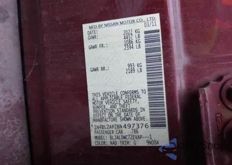 2011 Nissan Altima 3.5 Sr from USA, damaged, VIN 1N4BL2AP2BN497376